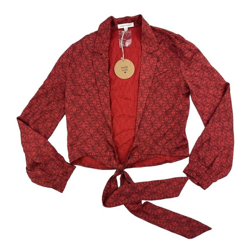 Honey Punch - Paisley Print Tie Front Long Sleeve Top in Red